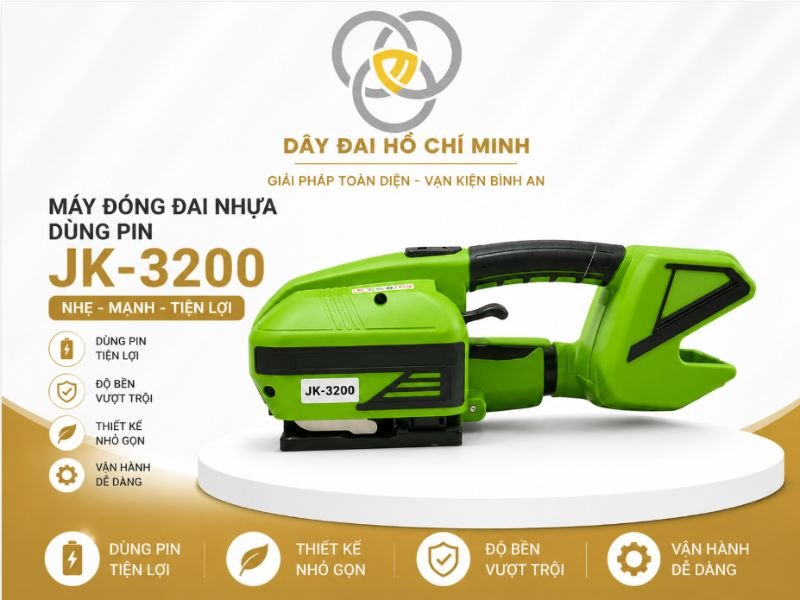 JK3200 là dòng máy đóng đai dùng pin cao cấp với lực siết mạnh, pin dung lượng lớn, phù hợp cho pallet nặng, hàng công nghiệp và xuất khẩu.