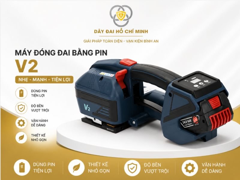 Máy đóng đai cầm tay dùng pin V2 thiết kế nhỏ gọn, dễ sử dụng, phù hợp đóng gói thùng carton, pallet hàng hóa và dây đai PET phổ biến.