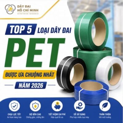 Top 5 loại dây đai PET được ưa chuộng nhất năm 2026 với khả năng chịu lực cao, độ bền vượt trội và ứng dụng rộng rãi trong ngành đóng gói công nghiệp.