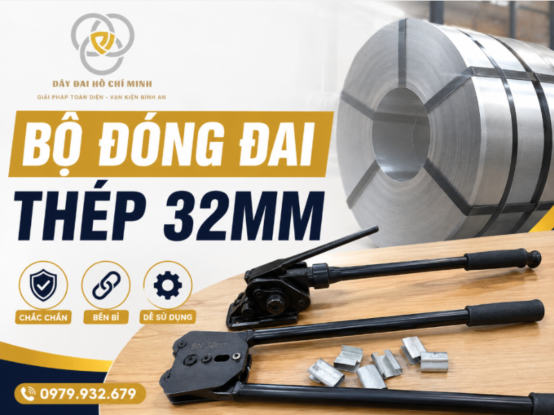 Bộ đóng đai thép 32mm là giải pháp đóng gói chuyên dụng cho hàng hóa tải trọng lớn như tôn cuộn, thép cuộn, gỗ xuất khẩu và vật liệu xây dựng, giúp tăng độ an toàn và giảm rủi ro khi vận chuyển.