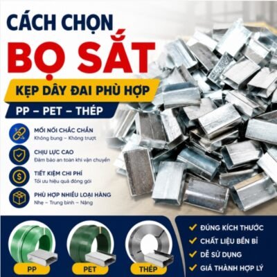 Tìm hiểu cách chọn bọ sắt kẹp dây đai phù hợp cho dây đai PP, PET và thép. Hướng dẫn chi tiết về kích thước, ứng dụng và lưu ý khi sử dụng để đảm bảo an toàn đóng gói hàng hóa.