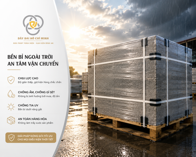 Dây đai Composite chịu thời tiết ngoài trời, chống tia UV, chống ẩm, chịu lực cao, phù hợp đóng kiện hàng xuất khẩu, logistics và lưu kho ngoài trời.