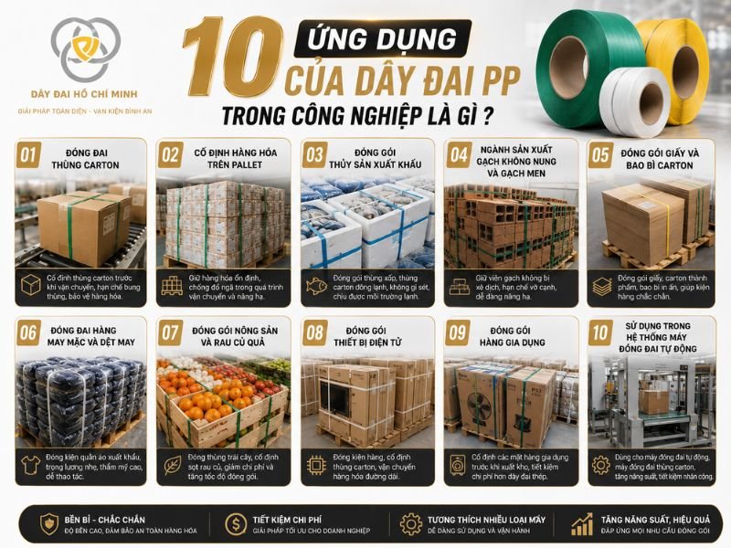 10 ứng dụng của dây đai PP trong công nghiệp gồm đóng đai thùng carton, cố định pallet, đóng gói thủy sản, gạch men, giấy carton, nông sản, thiết bị điện tử và hệ thống máy đóng đai tự động. Tìm hiểu ngay giải pháp đóng gói tối ưu cho doanh nghiệp.