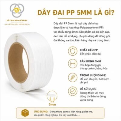 Dây đai PP 5mm chất lượng cao chuyên dùng đóng gói thùng carton, kiện hàng nhẹ và nông sản xuất khẩu. Độ bền tốt, dễ sử dụng, tiết kiệm chi phí cho doanh nghiệp và hộ kinh doanh.