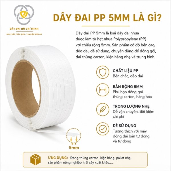 Dây đai PP 5mm chất lượng cao chuyên dùng đóng gói thùng carton, kiện hàng nhẹ và nông sản xuất khẩu. Độ bền tốt, dễ sử dụng, tiết kiệm chi phí cho doanh nghiệp và hộ kinh doanh.