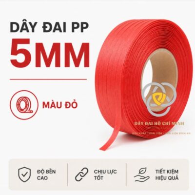 Dây đai PP 5mm màu đỏ bền chắc, chịu lực tốt, chuyên dùng đóng gói thùng carton, trái cây xuất khẩu, hàng hóa nhẹ với chi phí tiết kiệm.