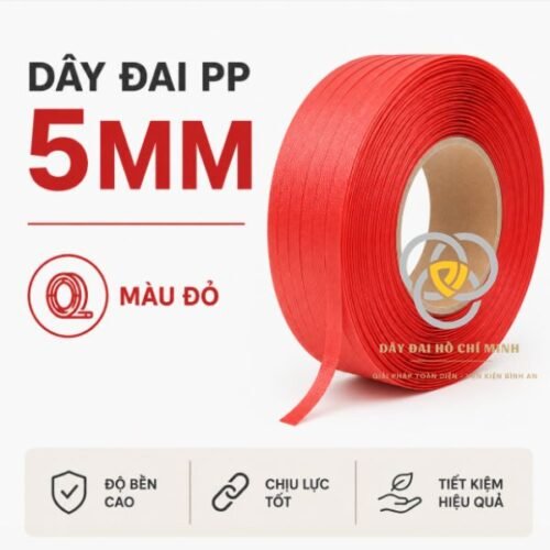 Dây đai PP 5mm màu đỏ bền chắc, chịu lực tốt, chuyên dùng đóng gói thùng carton, trái cây xuất khẩu, hàng hóa nhẹ với chi phí tiết kiệm.