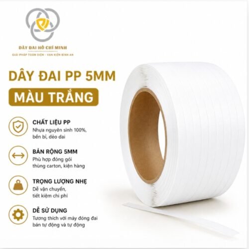 Dây đai PP 5mm màu trắng được sản xuất từ nhựa PP chất lượng cao, chuyên dùng đóng gói thùng carton, kiện hàng nhẹ và nông sản. Độ bền tốt, dễ sử dụng, phù hợp cho đóng tay và máy đóng đai.