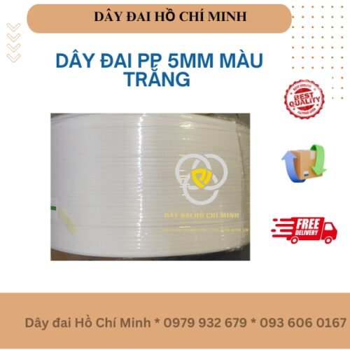 Dây đai PP 5mm màu trắng chuyên dùng đóng gói thùng carton, kiện hàng nhẹ và hàng tiêu dùng. Sản phẩm có độ dẻo dai cao, bề mặt đẹp, phù hợp đóng gói thủ công và máy đóng đai.