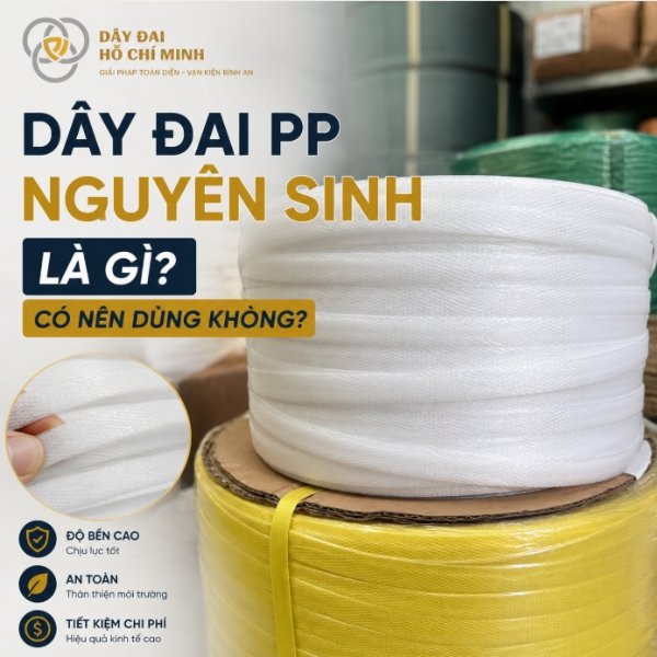 Hình ảnh dây đai PP nguyên sinh trắng trong chất lượng cao, độ bền tốt, chịu lực ổn định, chuyên dùng để đóng gói thùng carton, pallet hàng hóa, nông sản và sản phẩm công nghiệp.