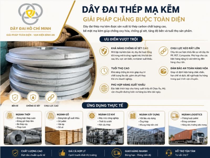 Dây đai thép mạ kẽm chịu lực cao, chống gỉ sét vượt trội, phù hợp đóng kiện thép, gỗ, máy móc, pallet và hàng hóa xuất khẩu. Báo giá cạnh tranh.