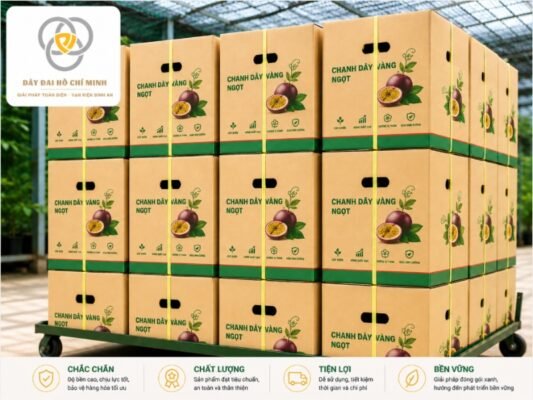 Thùng carton chanh dây in hình sản phẩm trực quan, kết hợp dây đai PP chất lượng cao giúp tăng tính chuyên nghiệp và bảo vệ hàng hóa trong quá trình vận chuyển.