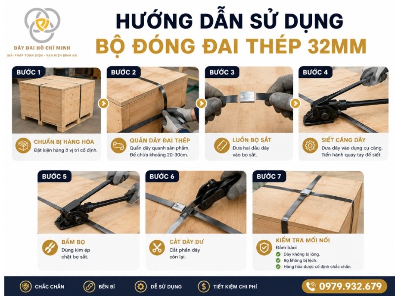 hướng dẫn sử dụng bộ đóng đai thép 32mm chi tiết từng bước, giúp doanh nghiệp đóng gói tôn cuộn, thép cuộn và hàng hóa tải trọng lớn đúng kỹ thuật, đảm bảo an toàn trong quá trình vận chuyển và lưu kho.