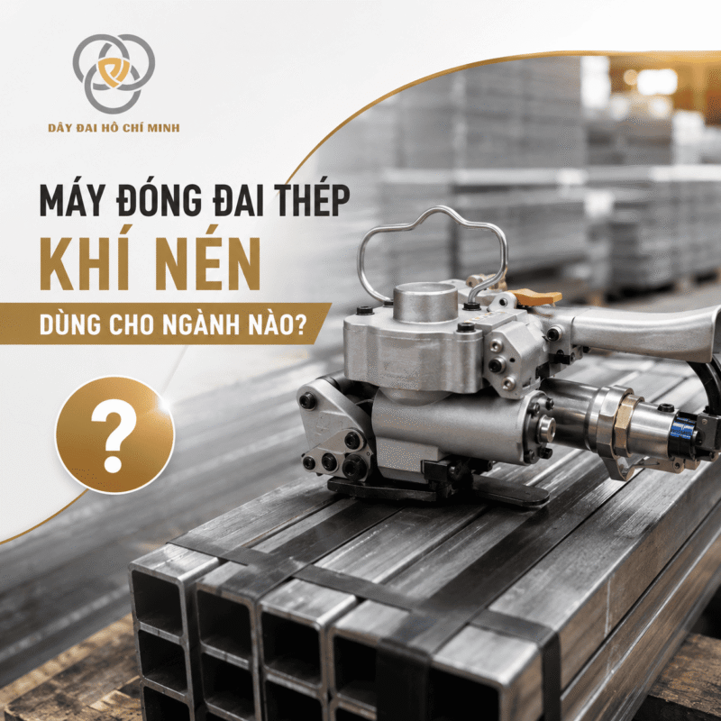 Máy đóng đai thép khí nén chuyên dụng cho hàng hóa nặng trong sản xuất và logistics.