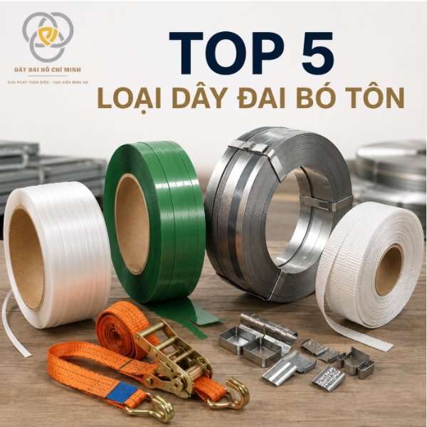 Khám phá Top 5 loại dây đai bó tôn được sử dụng nhiều nhất hiện nay gồm dây đai PP, dây đai PET, dây đai thép, dây đai Composite và dây tăng đơ chằng hàng. Giải pháp đóng gói và vận chuyển tôn an toàn, tiết kiệm chi phí.