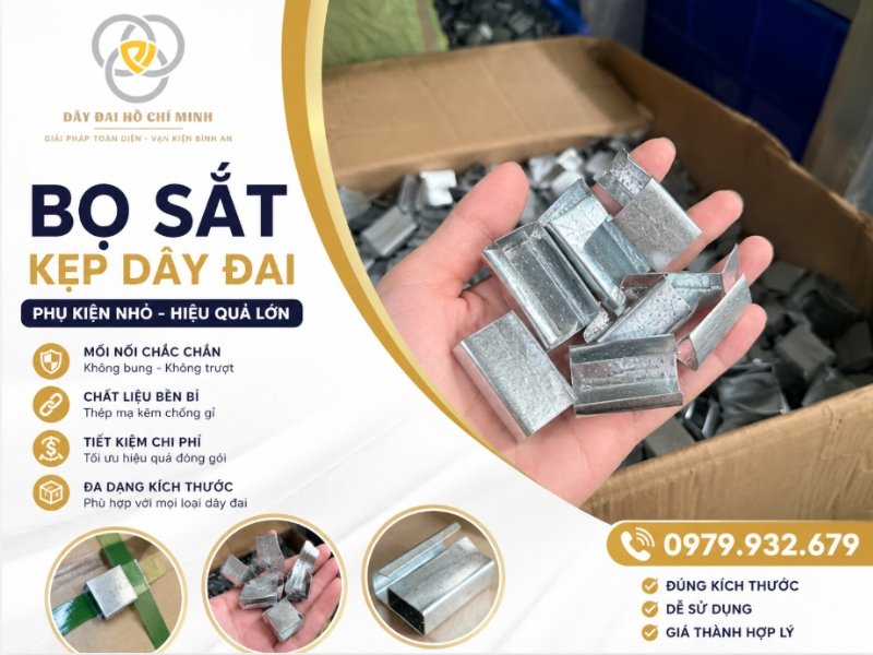 Bọ sắt kẹp dây đai PP, PET và thép chính hãng tại Dây Đai Hồ Chí Minh. Tìm hiểu đặc điểm, ứng dụng và cách lựa chọn khóa kẹp phù hợp cho từng loại dây đai đóng gói.