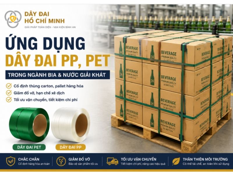 Khám phá ứng dụng của dây đai PP và PET trong ngành bia và nước giải khát. Giải pháp cố định thùng carton, pallet hàng hóa, giảm đổ vỡ và tối ưu vận chuyển hiệu quả.