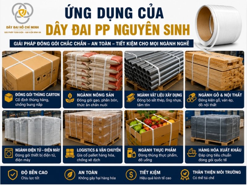Hình ảnh tổng hợp các ứng dụng của dây đai PP nguyên sinh trong đóng gói thùng carton, nông sản, gỗ, vật liệu xây dựng, điện tử, thực phẩm và hàng hóa xuất khẩu. Giải pháp đóng gói chắc chắn, an toàn và tiết kiệm cho doanh nghiệp.