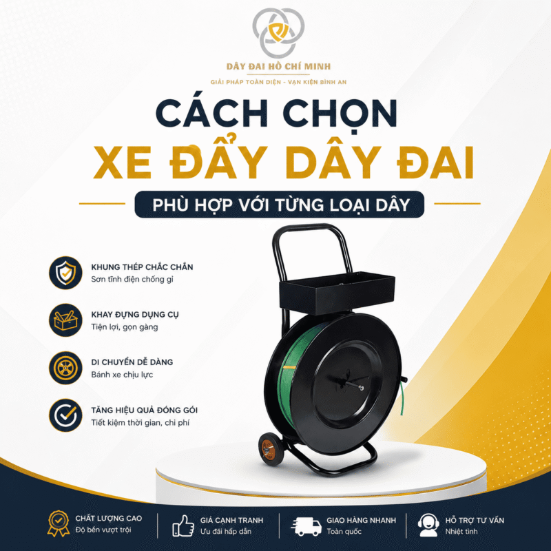 Hình ảnh xe đẩy dây đai chuyên dụng giúp lựa chọn xe phù hợp cho dây đai PP, PET và dây đai thép trong đóng gói hàng hóa.