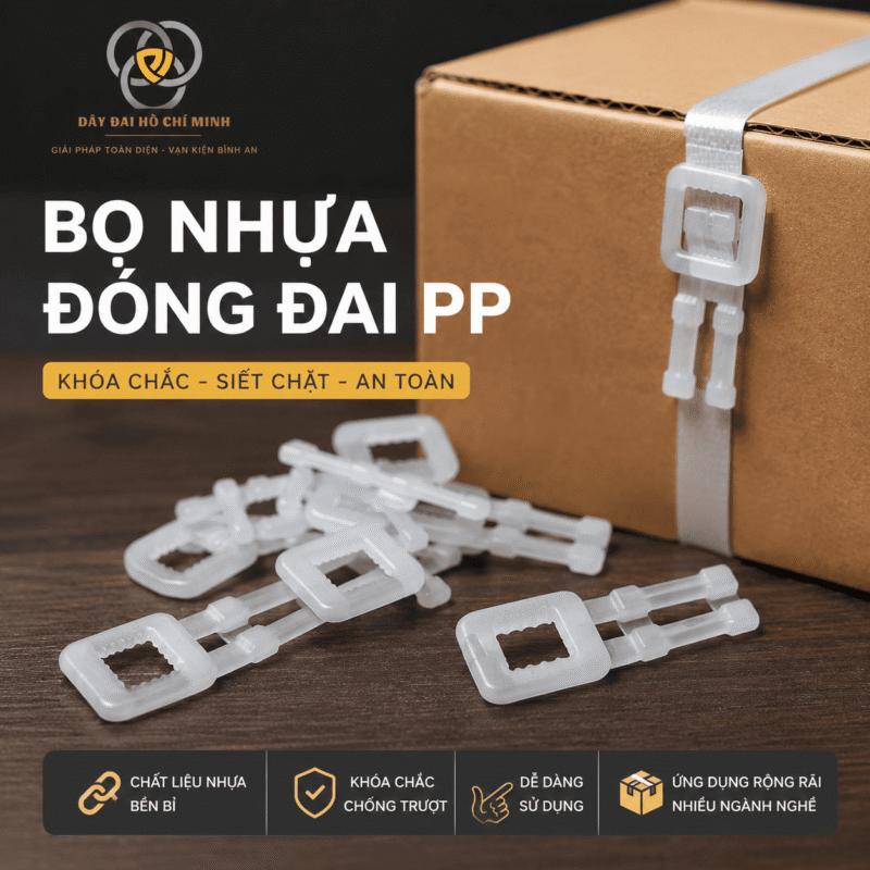 Bọ nhựa đóng đai PP chất lượng cao giúp khóa chặt dây đai, cố định kiện hàng an toàn trong quá trình lưu kho và vận chuyển. Sản phẩm phù hợp cho thùng carton, hàng hóa công nghiệp, nông sản, logistics và nhiều lĩnh vực đóng gói khác.