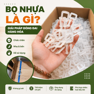 Hình ảnh bọ nhựa (khóa nhựa đóng đai) sử dụng để khóa dây đai PP, PET và dây đai dệt Polyester. Giải pháp đóng gói an toàn, dễ sử dụng và tiết kiệm chi phí cho doanh nghiệp.