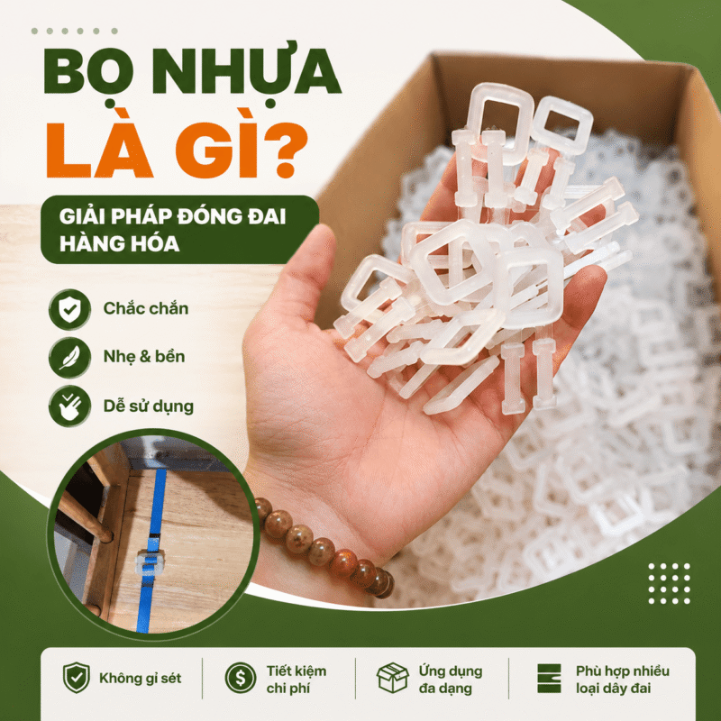 Hình ảnh bọ nhựa (khóa nhựa đóng đai) sử dụng để khóa dây đai PP, PET và dây đai dệt Polyester. Giải pháp đóng gói an toàn, dễ sử dụng và tiết kiệm chi phí cho doanh nghiệp.