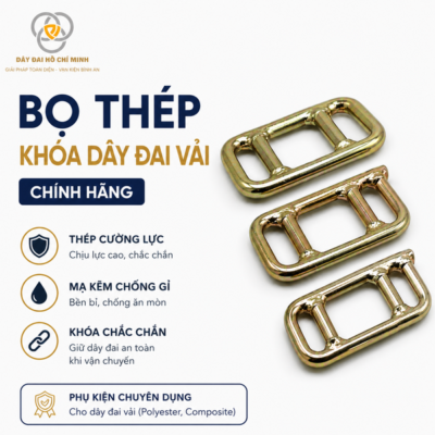 Bọ thép khóa dây đai vải chính hãng được sản xuất từ thép cường lực mạ kẽm chống gỉ, chuyên dùng cho dây đai Polyester và Composite, giúp siết chặt và cố định hàng hóa an toàn trong quá trình vận chuyển.