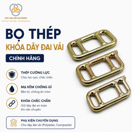 Bọ thép khóa dây đai vải chính hãng được sản xuất từ thép cường lực mạ kẽm chống gỉ, chuyên dùng cho dây đai Polyester và Composite, giúp siết chặt và cố định hàng hóa an toàn trong quá trình vận chuyển.