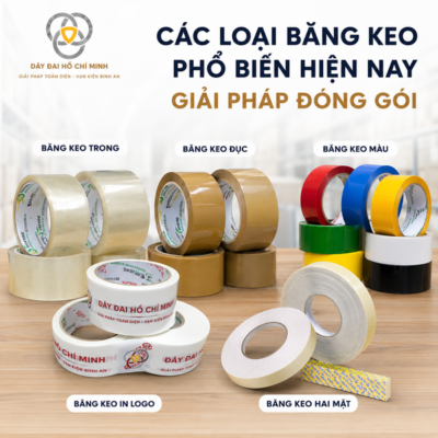 tổng hợp các loại băng keo phổ biến gồm băng keo trong, băng keo đục, băng keo màu, băng keo in logo và băng keo hai mặt. Giải pháp đóng gói chuyên nghiệp giúp niêm phong, bảo vệ hàng hóa và nâng cao nhận diện thương hiệu cho doanh nghiệp.