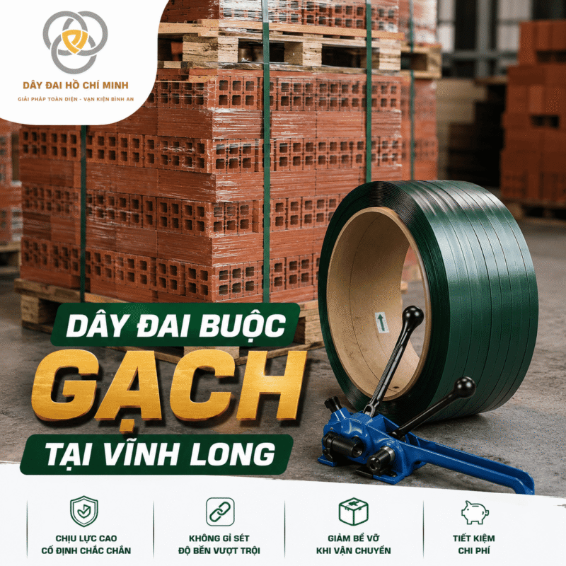 Dây đai PET buộc gạch tại Vĩnh Long được sử dụng để cố định pallet gạch chắc chắn trong quá trình lưu kho và vận chuyển. Sản phẩm có khả năng chịu lực cao, chống giãn, giúp giảm bể vỡ và nâng cao hiệu quả đóng gói cho các nhà máy gạch, đại lý vật liệu xây dựng và doanh nghiệp logistics.