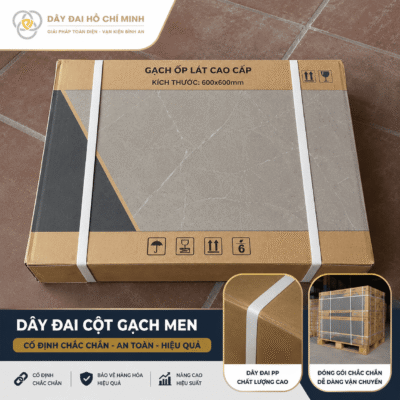 dây đai cột gạch men bằng dây đai PP, giúp cố định thùng gạch chắc chắn, hạn chế xô lệch khi vận chuyển và lưu kho. Giải pháp đóng gói hiệu quả từ Dây Đai Hồ Chí Minh.