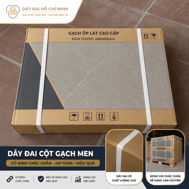 dây đai cột gạch men bằng dây đai PP, giúp cố định thùng gạch chắc chắn, hạn chế xô lệch khi vận chuyển và lưu kho. Giải pháp đóng gói hiệu quả từ Dây Đai Hồ Chí Minh.