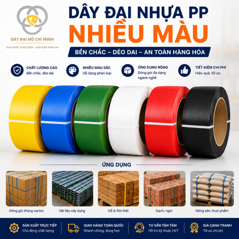 Dây đai nhựa PP nhiều màu là giải pháp đóng gói chuyên nghiệp giúp phân loại hàng hóa, tăng tính nhận diện và đảm bảo kiện hàng được cố định chắc chắn trong quá trình lưu kho, vận chuyển. Dây Đai Hồ Chí Minh cung cấp dây đai PP nhiều màu với đa dạng kích thước, màu sắc và sản xuất theo yêu cầu.