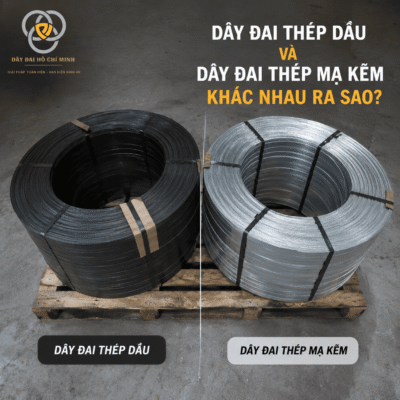 So sánh dây đai thép dầu và dây đai thép mạ kẽm với hình ảnh thực tế, giúp nhận biết sự khác nhau về màu sắc, bề mặt, khả năng chống gỉ và ứng dụng trong đóng gói hàng hóa.