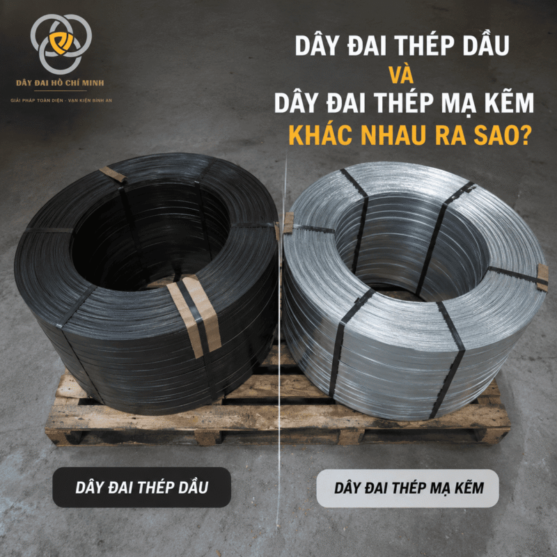 So sánh dây đai thép dầu và dây đai thép mạ kẽm với hình ảnh thực tế, giúp nhận biết sự khác nhau về màu sắc, bề mặt, khả năng chống gỉ và ứng dụng trong đóng gói hàng hóa.