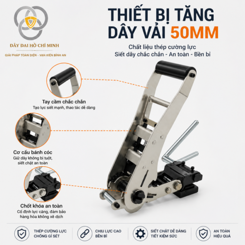 Thiết bị tăng dây vải 50mm chính hãng bằng thép cường lực, thiết kế chắc chắn với cơ cấu bánh cóc giúp siết dây nhanh, chịu lực cao và chống gỉ hiệu quả. Phù hợp sử dụng với dây tăng đơ 50mm trong vận chuyển, logistics, kho bãi và chằng buộc hàng hóa công nghiệp.