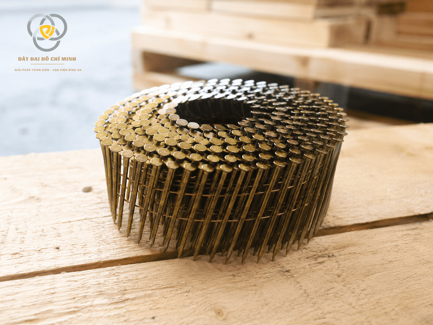 Cuộn đinh đóng pallet bằng thép mạ vàng đặt trên bề mặt pallet gỗ, sử dụng trong ngành sản xuất pallet, thùng gỗ và bao bì xuất khẩu.