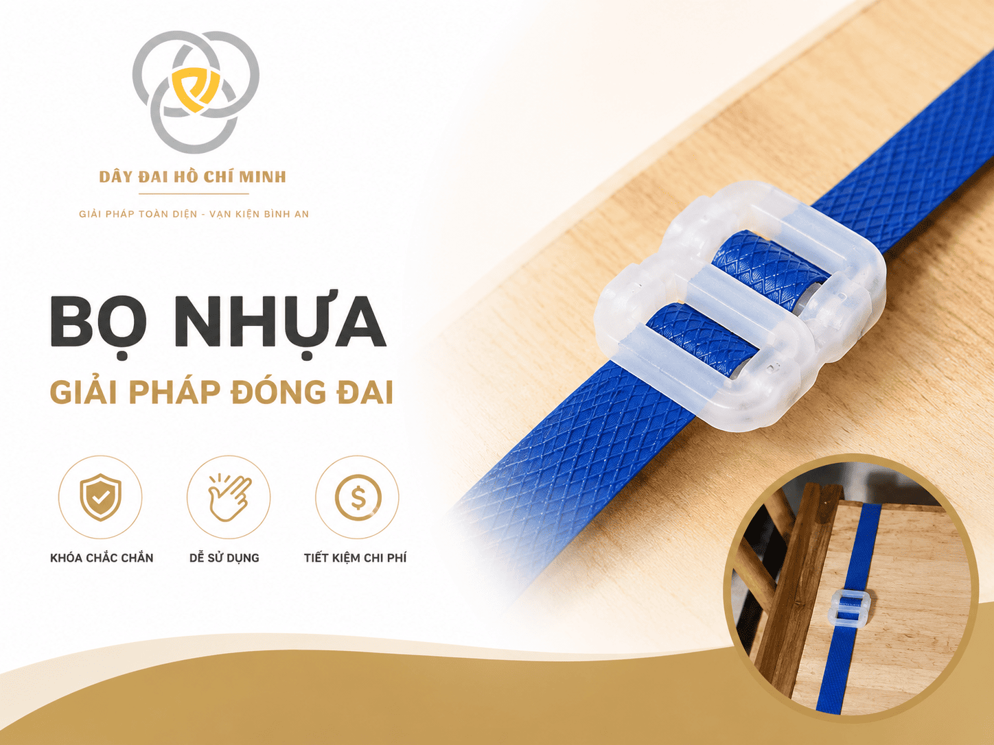 Khóa nhựa đóng đai cố định dây đai PP trên kiện hàng bằng gỗ