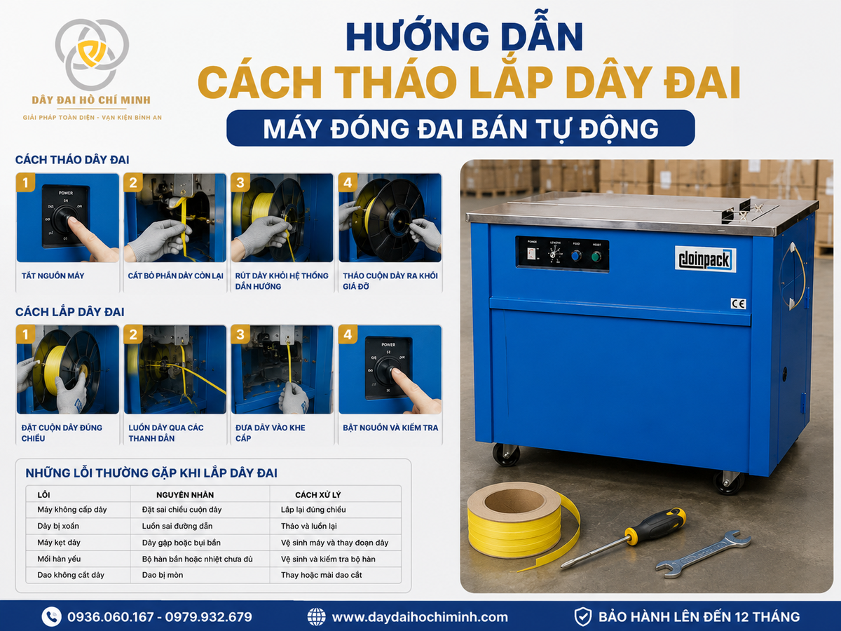 hướng dẫn cách tháo lắp dây đai máy đóng đai bán tự động đúng kỹ thuật, thay cuộn dây đai PP, luồn dây, kiểm tra vận hành và xử lý các lỗi thường gặp, có logo Dây Đai Hồ Chí Minh.