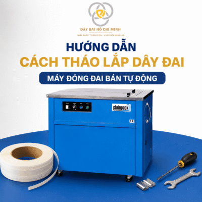 Hướng dẫn cách tháo lắp dây đai máy đóng đai bán tự động đúng kỹ thuật, thay cuộn dây đai PP nhanh, hạn chế kẹt dây, có logo Dây Đai Hồ Chí Minh.