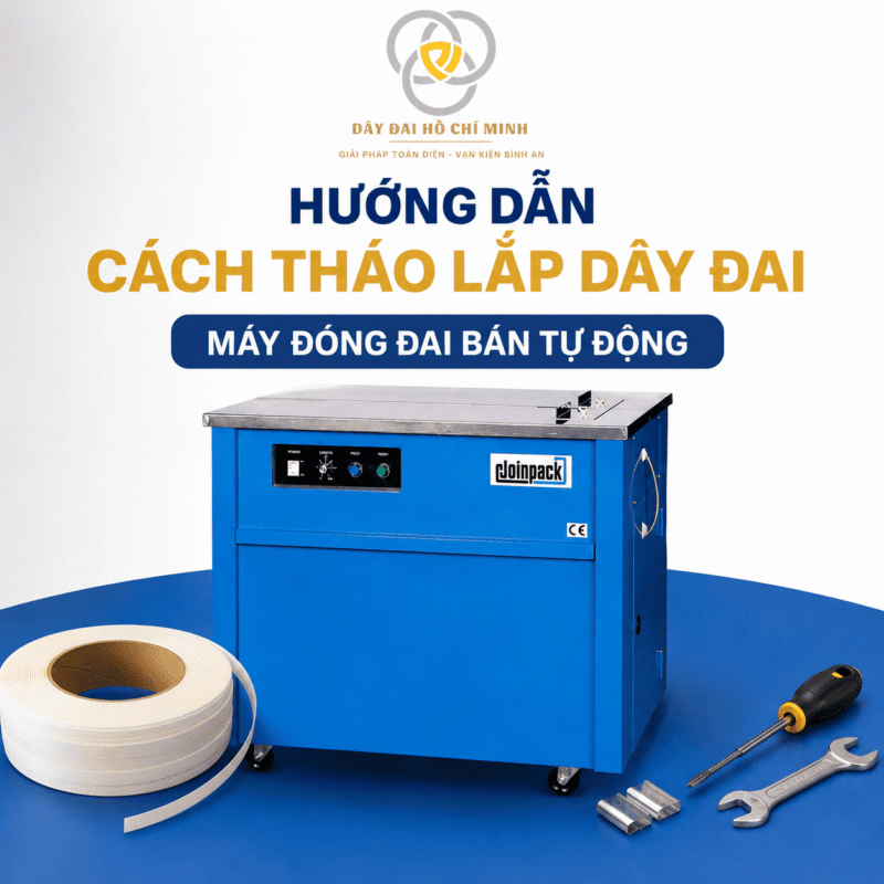 Hướng dẫn cách tháo lắp dây đai máy đóng đai bán tự động đúng kỹ thuật, thay cuộn dây đai PP nhanh, hạn chế kẹt dây, có logo Dây Đai Hồ Chí Minh.
