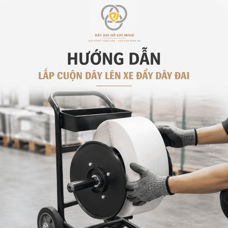 Hướng dẫn lắp cuộn dây lên xe đẩy dây đai đúng kỹ thuật giúp thao tác đóng đai nhanh chóng, an toàn và tăng hiệu quả làm việc. Hình ảnh thực tế từ Dây Đai Hồ Chí Minh.