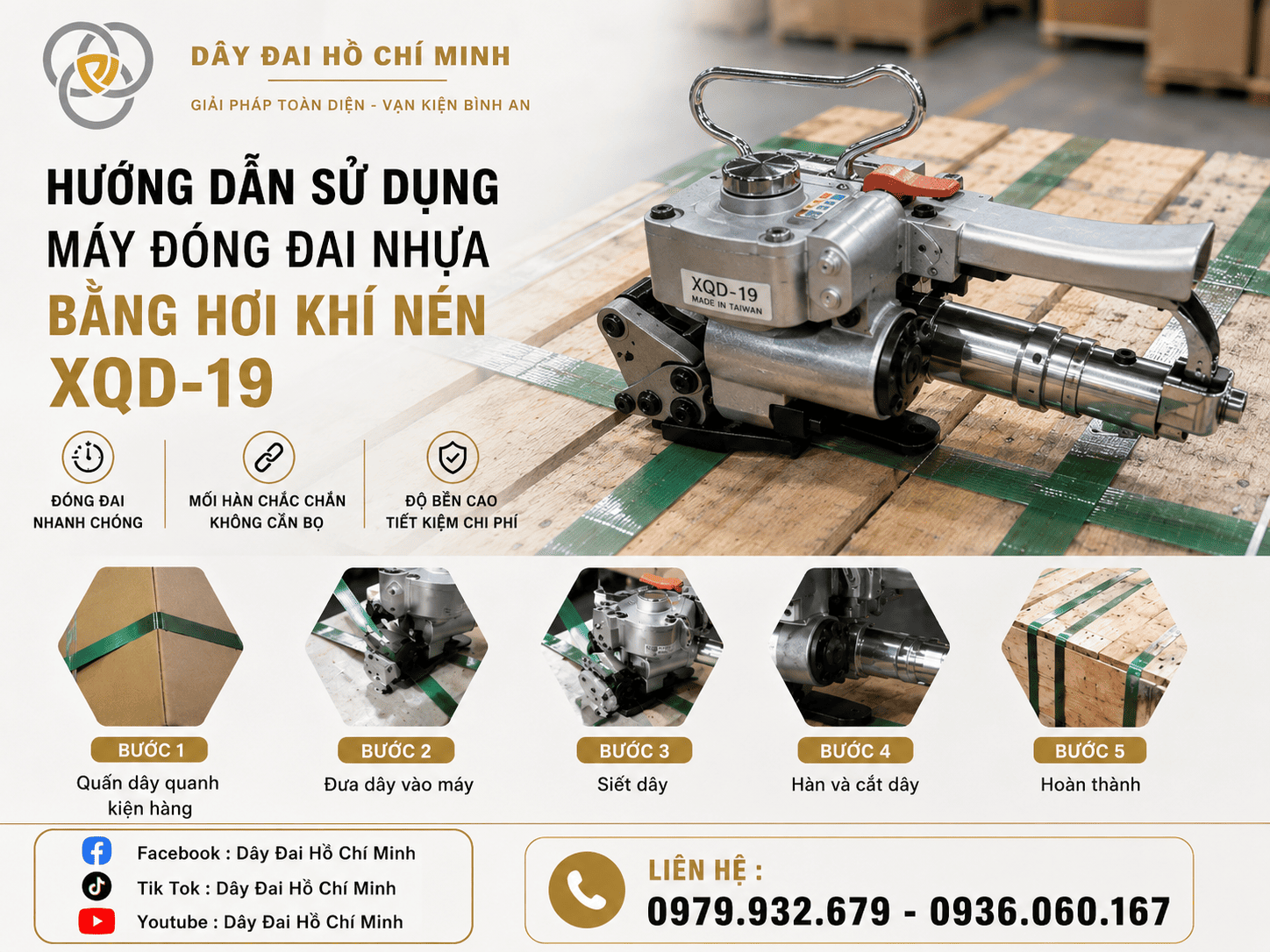 Hướng dẫn sử dụng máy đóng đai nhựa bằng hơi khí nén XQD-19 với các bước quấn dây, siết căng, hàn ma sát và cắt dây tự động trên kiện hàng pallet.