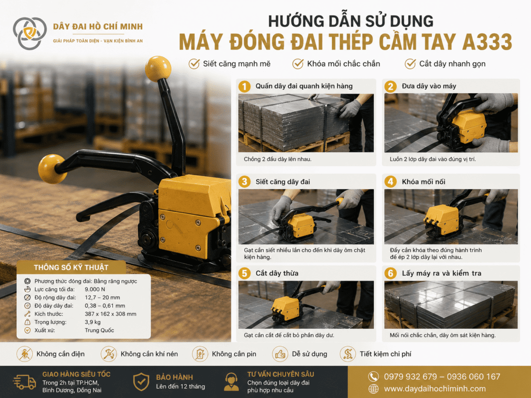 Hình ảnh hướng dẫn sử dụng máy đóng đai thép cầm tay A333 trong thực tế, minh họa đầy đủ quy trình đóng đai từ quấn dây, luồn dây vào máy, siết căng, khóa mối nối đến cắt dây thừa. Infographic được thiết kế trực quan, phù hợp cho doanh nghiệp sản xuất, cơ khí, đóng gói và logistics, giúp người dùng dễ dàng nắm bắt quy trình vận hành và sử dụng máy A333 đúng kỹ thuật.