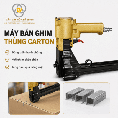 Máy bắn ghim thùng carton khí nén chuyên dụng giúp đóng gói thùng carton nhanh chóng, mối ghim chắc chắn, phù hợp cho kho hàng, nhà máy sản xuất và doanh nghiệp logistics. Hình ảnh thực tế được thiết kế chuyên nghiệp với logo Dây Đai Hồ Chí Minh.