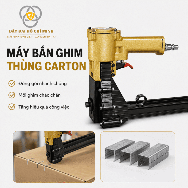 Máy bắn ghim thùng carton khí nén chuyên dụng giúp đóng gói thùng carton nhanh chóng, mối ghim chắc chắn, phù hợp cho kho hàng, nhà máy sản xuất và doanh nghiệp logistics. Hình ảnh thực tế được thiết kế chuyên nghiệp với logo Dây Đai Hồ Chí Minh.