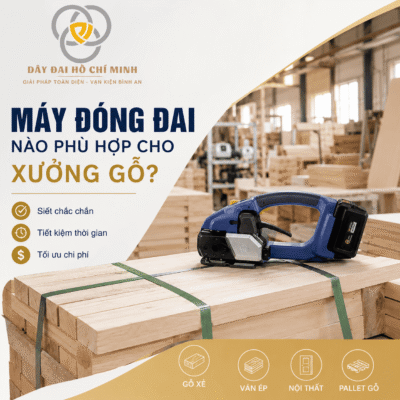 Máy đóng đai dùng pin siết dây đai PET cho kiện gỗ tại xưởng chế biến gỗ, giải pháp đóng gói hiệu quả của Dây Đai Hồ Chí Minh.