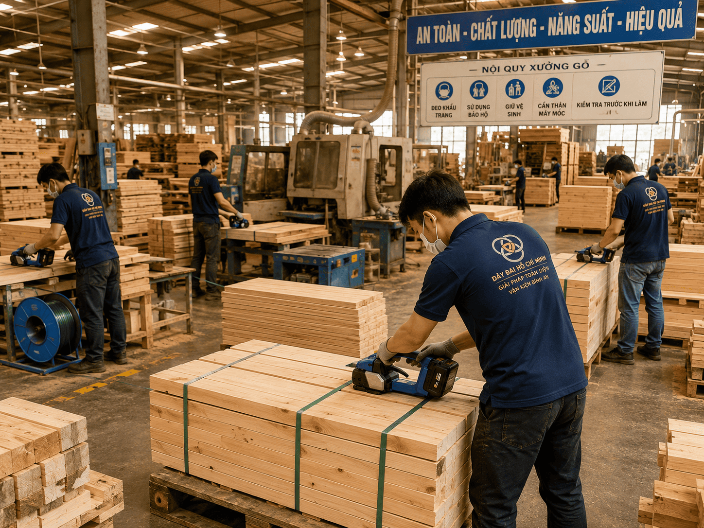Xưởng gỗ sử dụng máy đóng đai dùng pin kết hợp dây đai PET để đóng kiện pallet gỗ, giúp tăng năng suất và đảm bảo an toàn khi vận chuyển hàng hóa.