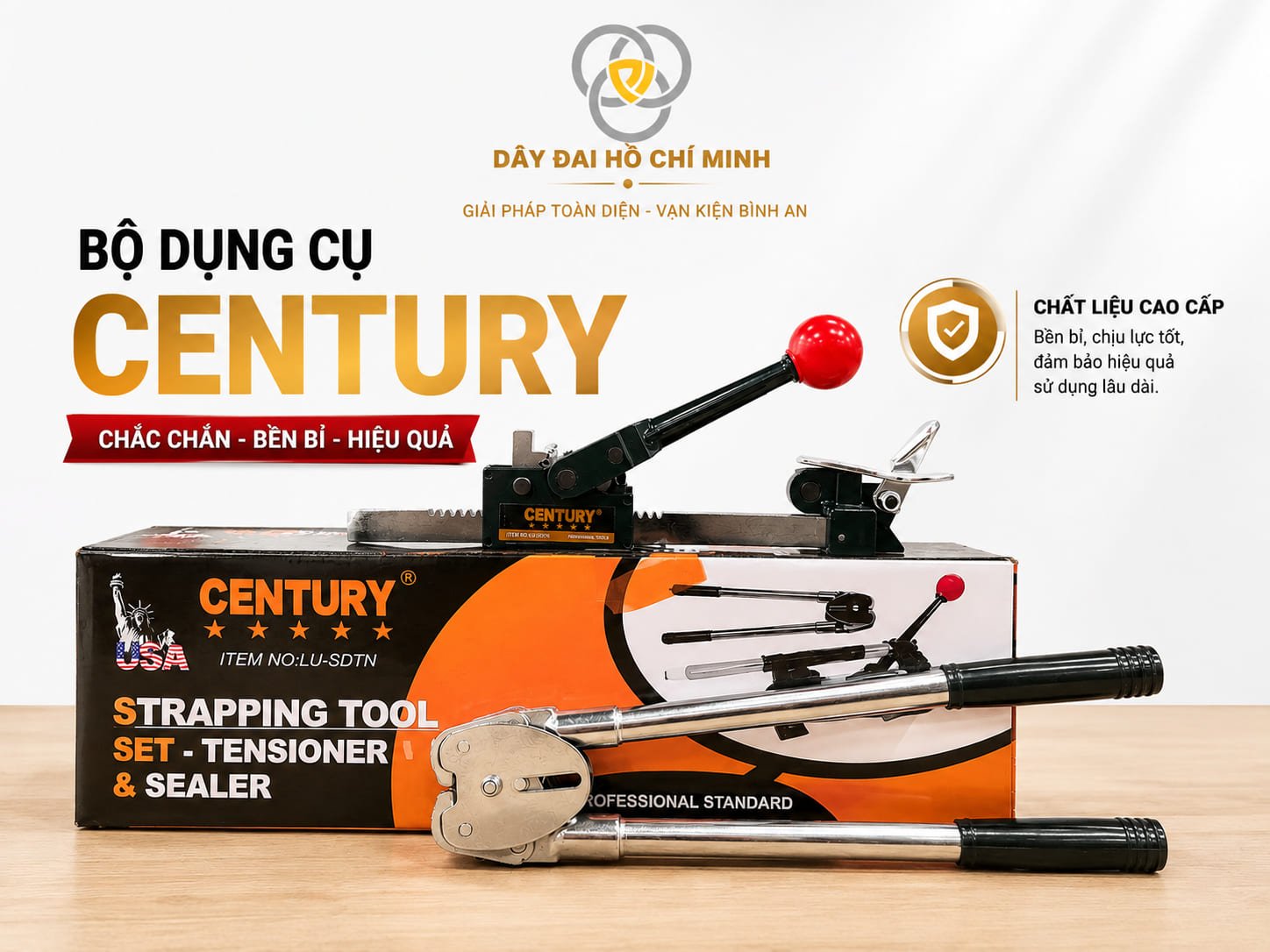 **Bộ dụng cụ đóng đai Century** chuyên dùng để căng, siết và cố định dây đai thép cho kiện hàng. Thiết kế chắc chắn, bền bỉ, dễ sử dụng, phù hợp kho hàng, xưởng sản xuất và đóng gói công nghiệp.