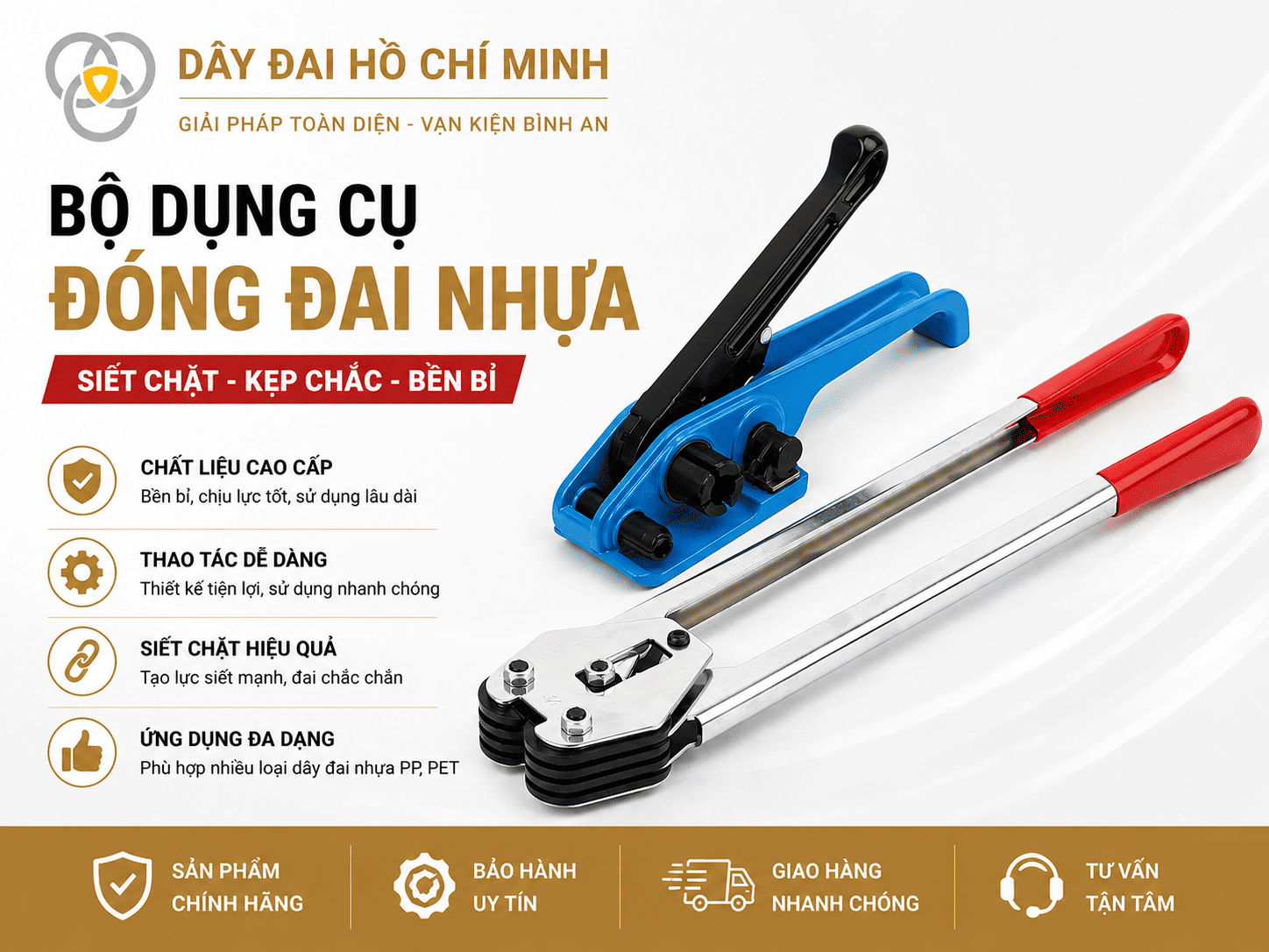 Dụng cụ đóng đai nhựa chuyên dùng để siết và cố định dây đai PP, PET chắc chắn. Thiết kế bền bỉ, thao tác dễ dàng, tạo lực siết mạnh, phù hợp đóng gói hàng hóa, kiện carton và nhiều loại kiện hàng.